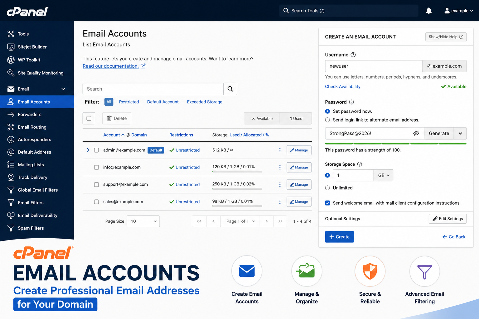 cPanel Email Accounts section showing a new mailbox being created