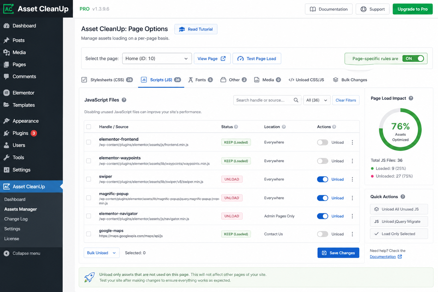 Asset CleanUp plugin interface showing per-page script and stylesheet disable toggles