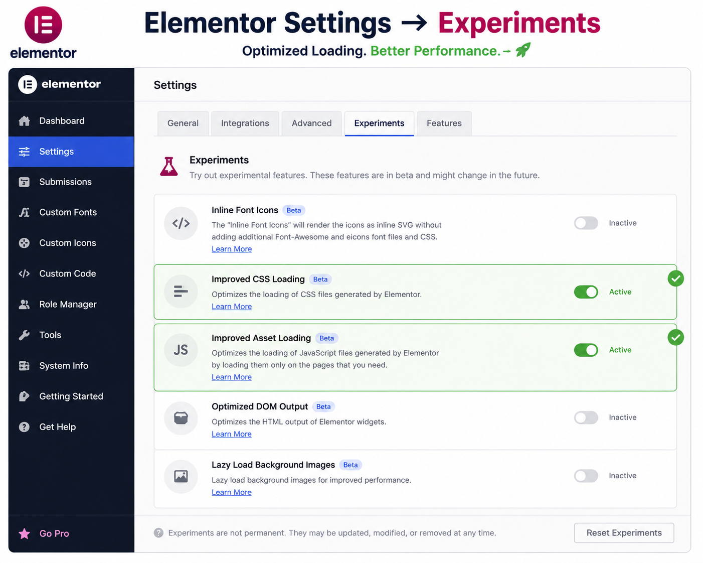 Elementor Settings Experiments panel with Improved CSS Loading and Improved Asset Loading toggles enabled