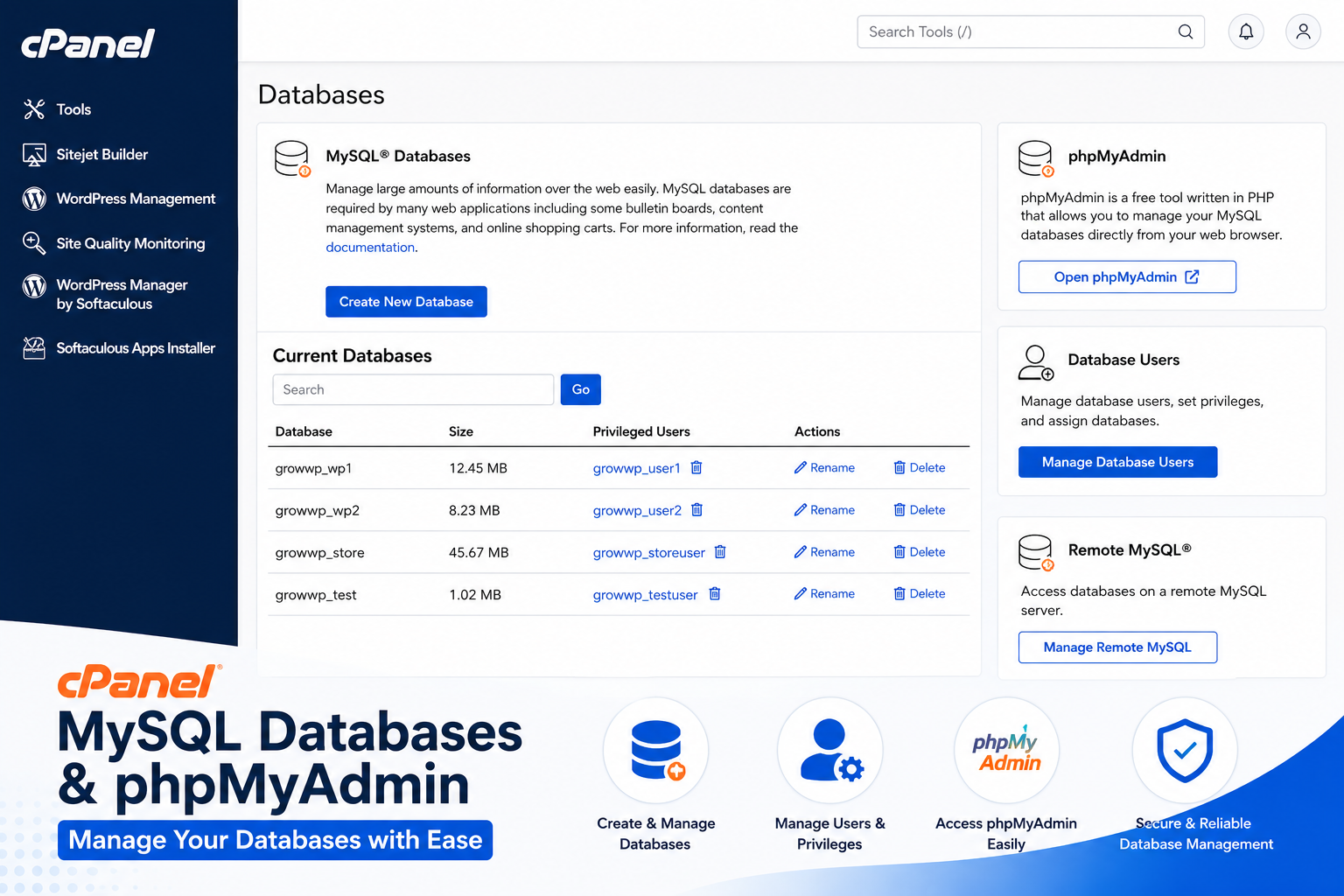 cPanel MySQL Databases and phpMyAdmin section with database list